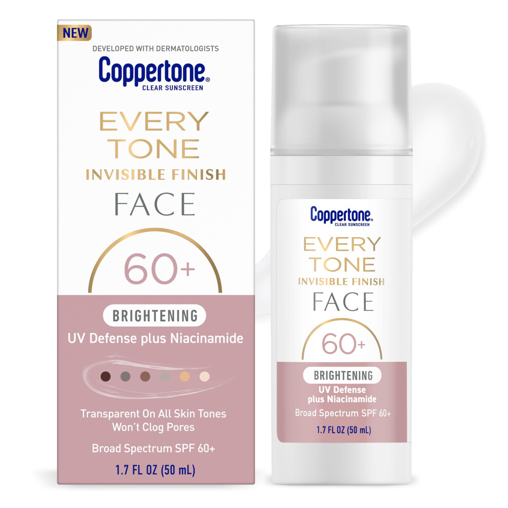 Coppertone Every Tone Invisible Finish Brightening UV Defense Face Sunscreen SPF 60+ with Niacinamide Lightweight Blends in Clear Sunscreen for