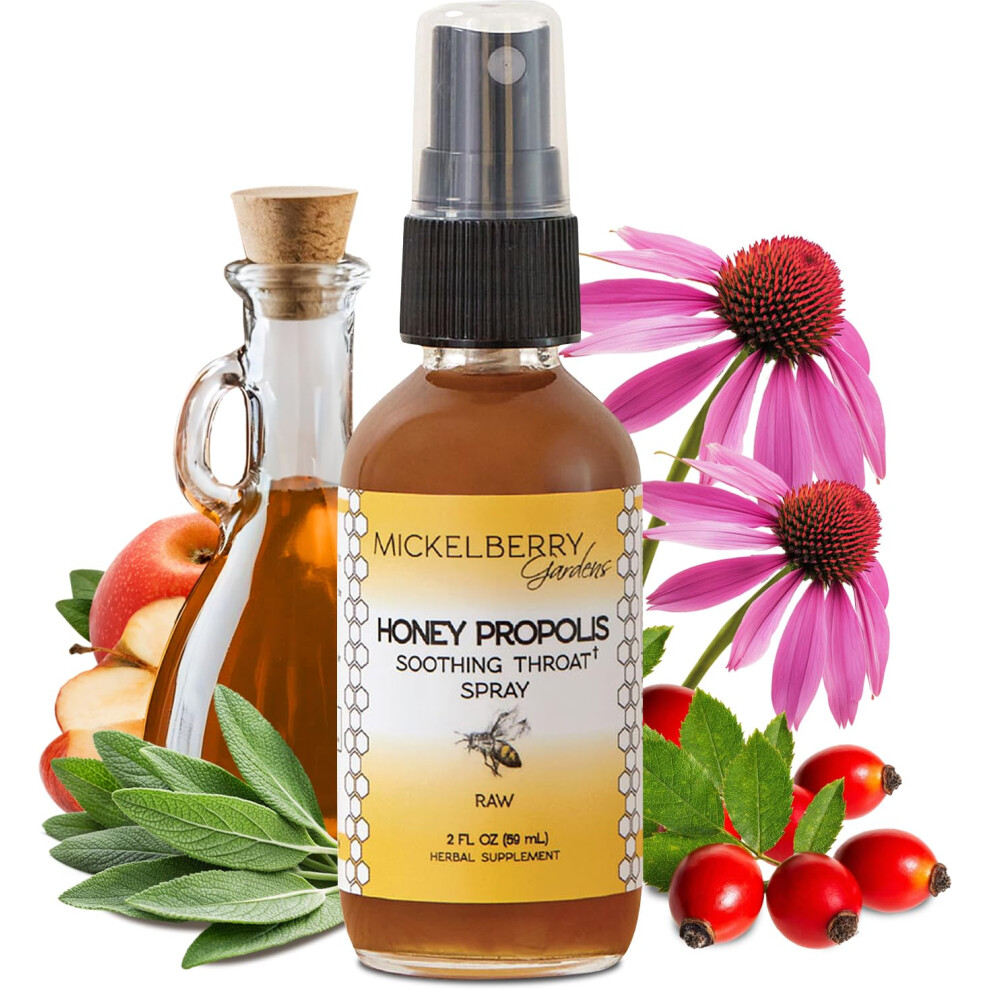 Mickelberry Gardens Honey Propolis Throat Spray - Soothing Sore Throat Relief & Propolis Immune Support - Herbal & Honey Formula (2 Oz)
