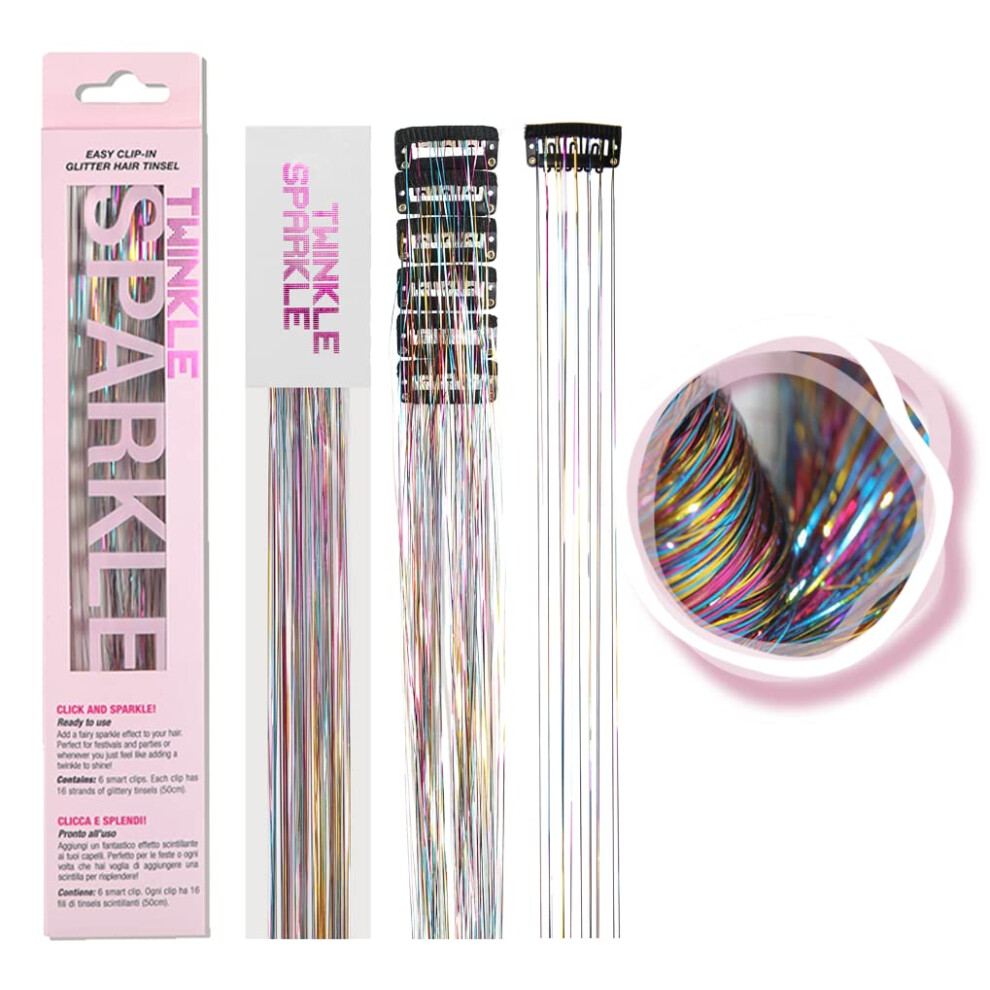 Twinkle Sparkle 6Pcs Clip In Hair Tinsel Kit 19.6 Inch Heat Resistant Glitter Tinsel Hair Extension Clips Fairy Hair Sparkle Strands Festival Gift Party Dazzle Hai