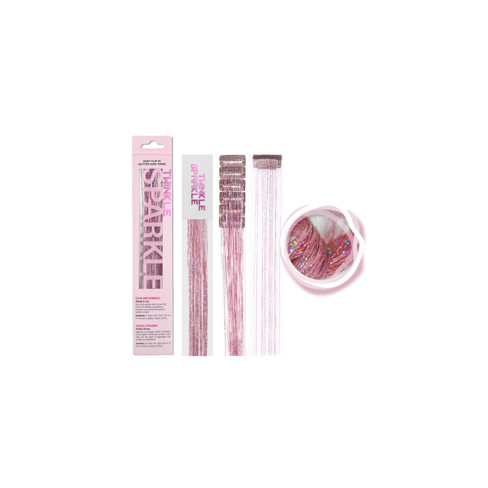 Twinkle Sparkle Unisex Pink 6Pcs Clip In Hair Tinsel Kit 19.6 Inch Heat Resistant Glitter Tinsel Hair Extension Clips Fairy Hair Sparkle Strands Festival Gift Party Dazzle Hair