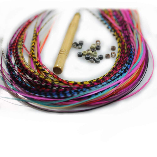 Kit de extenso de cabelo de penas - 10 penas de galo genunas multicoloridas longas Todas as penas individuais variando de 7 a 11 polegadas de c
