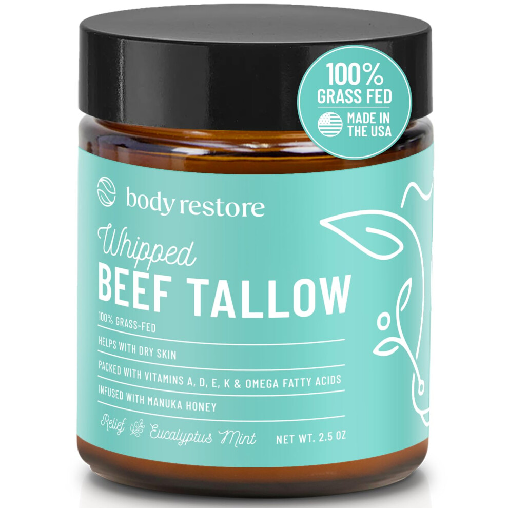 Body Restore Grass Fed Whipped Beef Tallow for Skin  Face  Body  Dry Skin - with Manuka Honey  Jojoba Oil  Birthday Gifts for Women  Men  Travel