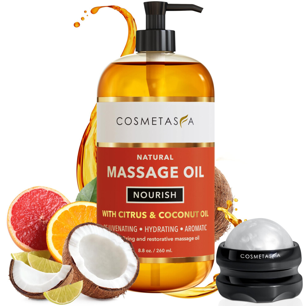 Cosmetasa Cream Natural Nourishing Massage Oil With Massage Roller Ball - Therapeutic Citrus & Coconut Massage Oils With Rejuvenating Hydrating & Aromatic Essen