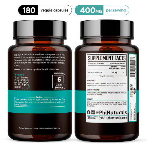 Magnesium Citrate Powder Capsules 400mg - 180 Count Veg Caps - PhiNaturals Supplements - Nervous System Support and Enzyme Function 1