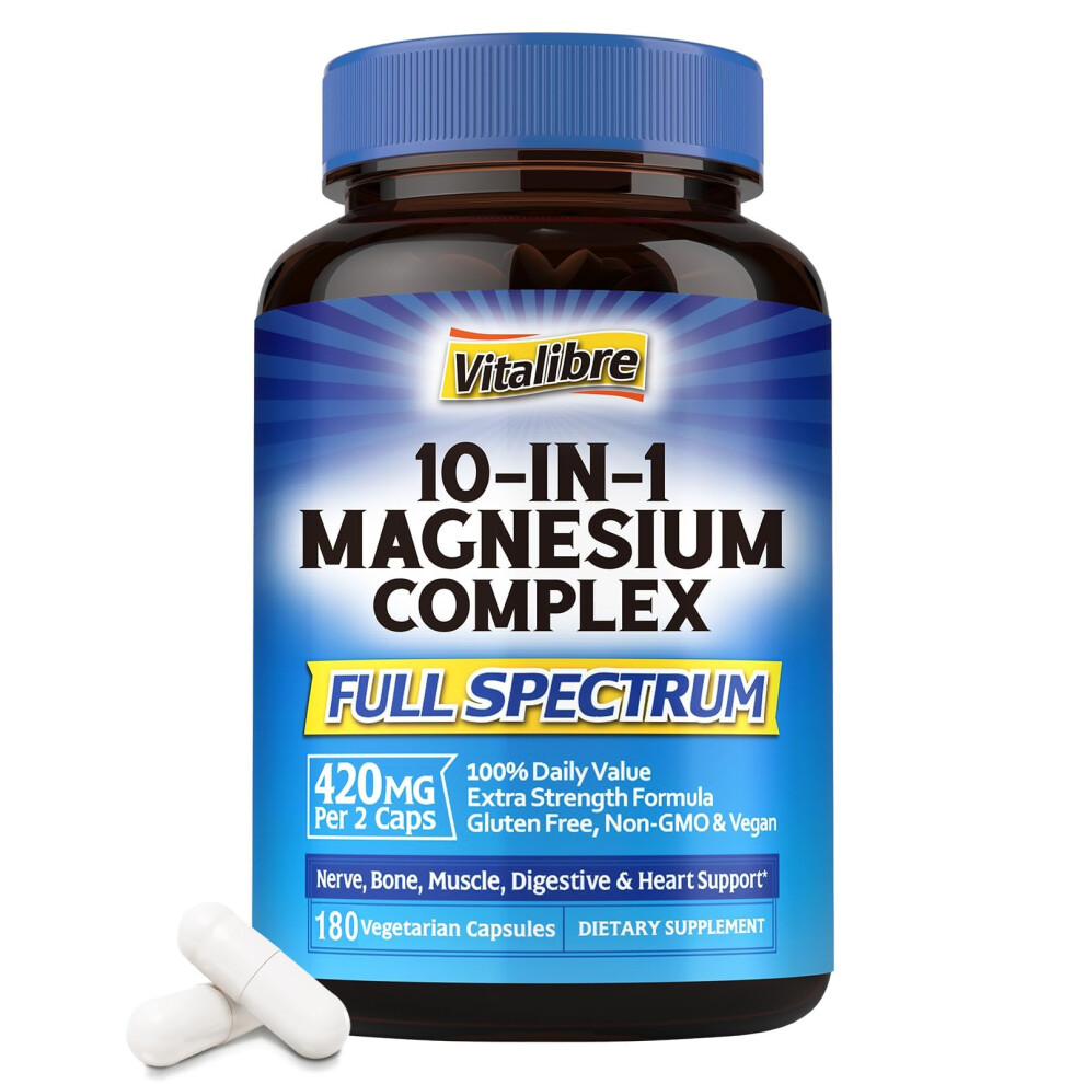 Vitalibre Magnesium Complex Supplement 420Mg 10 In 1 High Absorption Chelated Magnesium Glycinate Citrate Malate Taurate & More For Sleep Nerve & Musc