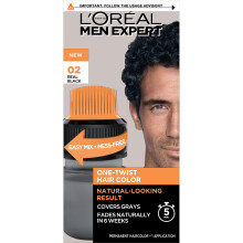LOreal Paris Men Expert One Twist Mess Free Permanent Hair Color, Mens Hair Dye to Cover Grays, Easy Mix Ammonia Free Application, Real Black 02, 1 Ap
