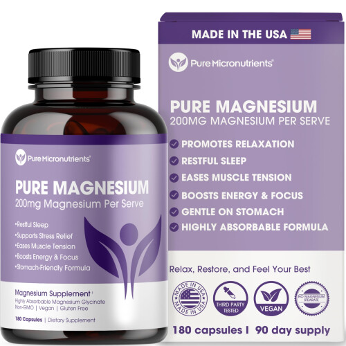 Pure Micronutrients Magnesium Glycinate Supplement (Chelated) 200mg Per Serve 180 Count