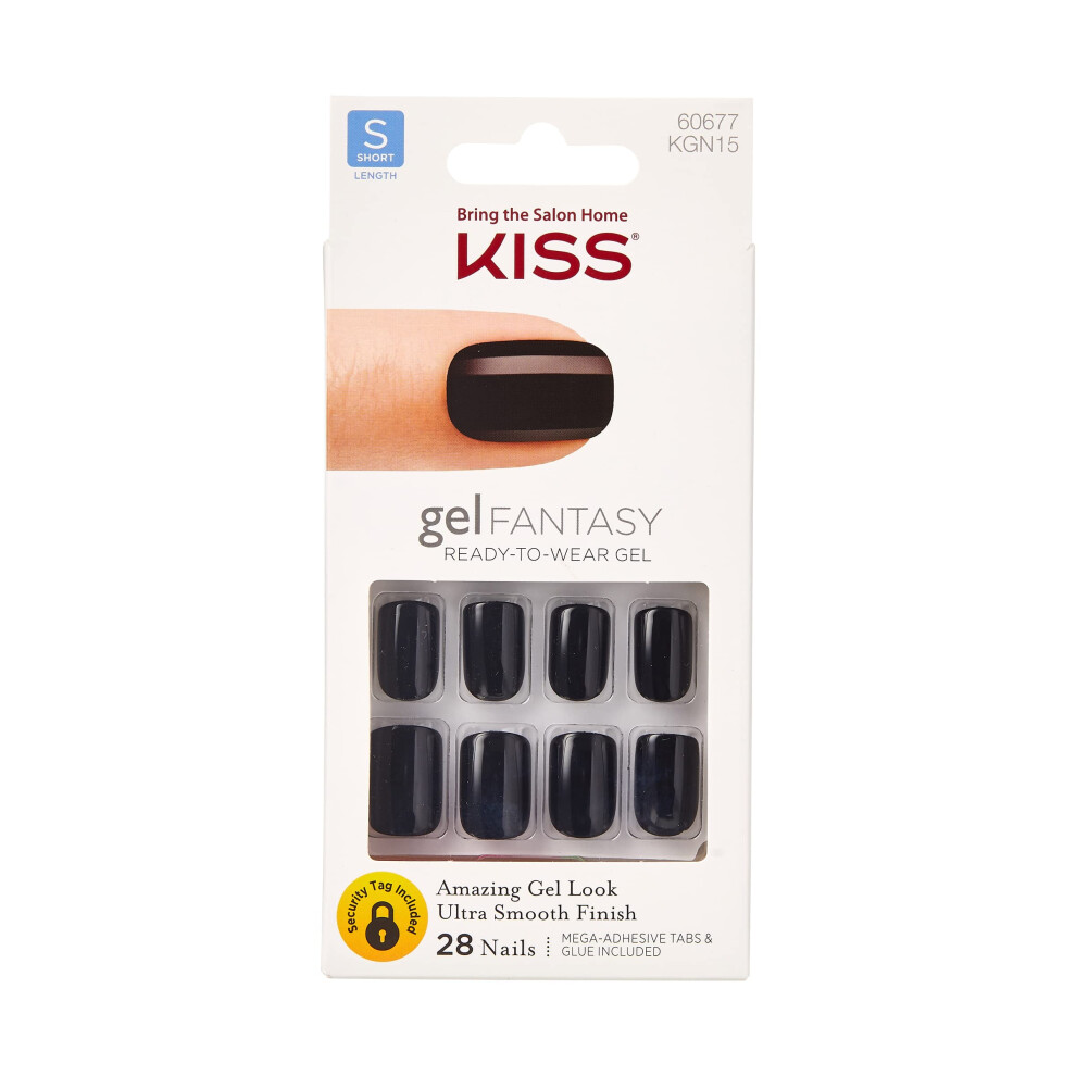 Kiss Black Gel Fantasy Press On Nails, Nail Glue Included, Aim High', Short Size, Squoval Shape, Includes 28 Nails, 2G Glue, 1 Manicure Stick, 1 Mini