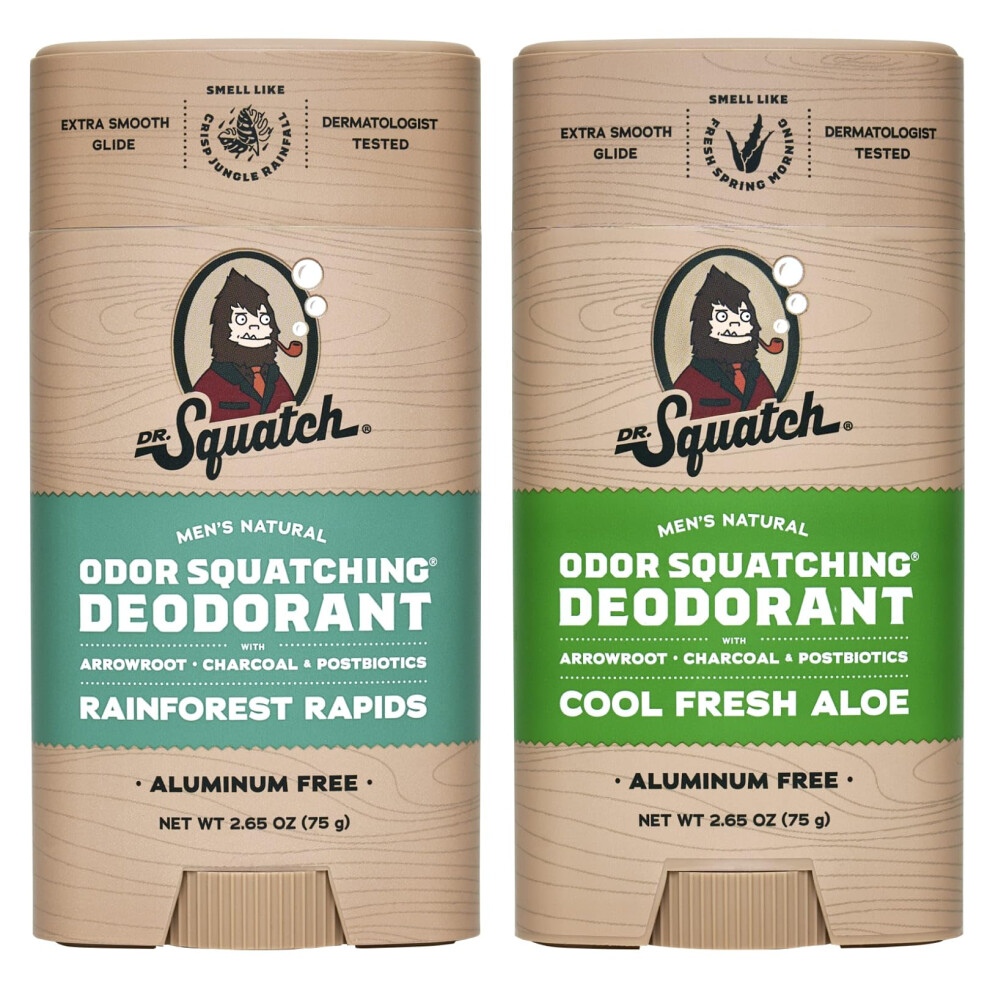 Dr. Squatch Natural Deodorant For Men - Odor-Squatching Men's Deodorant Aluminum Free - Rainforest Rapids + Cool Fresh Aloe (2.65 Oz 2 Pack)