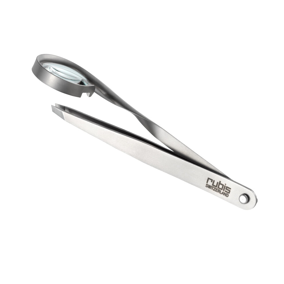 Rubis Classic Stainless Steel Slanted Tweezers With 8X Magnifying Glass For Precise Eyebrows And Hair Removal 1K120 Switzerland Swiss Made