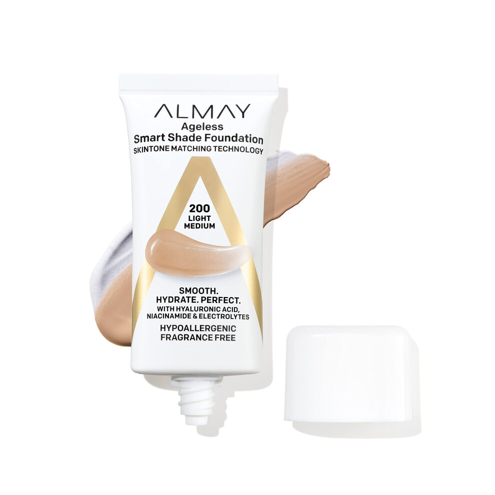 Almay Anti-Aging Foundation Smart Shade Face Makeup with Hyaluronic Acid Niacinamide Vitamin C & E Hypoallergenic-Fragrance Free 200 Light M