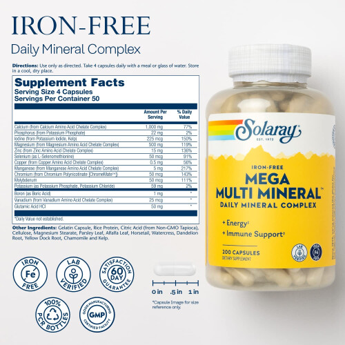 Solaray, Mega Multi Mineral, Eisenfrei, 200 Kapseln 1