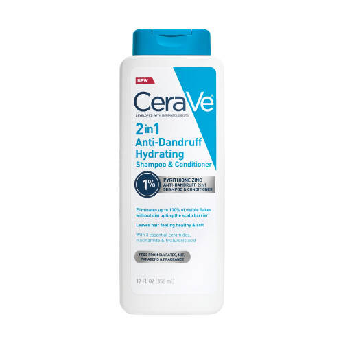 CeraVe 2 In 1 Hydrating Anti Dandruff Shampoo And Conditioner, 1% Pyrithione Zinc Dandruff Treatment, Color Safe & Sulfate Free Shampoo And Conditione