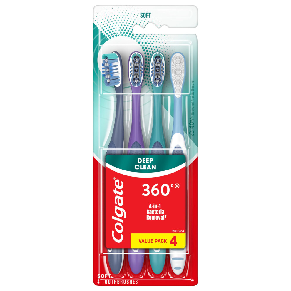 Colgate 360 Whole Mouth Toothbrush Adult Soft Toothbrush With Tapered Bristles Features Tongue Cleaner and Ergonomic Handle Helps Whiten Teeth