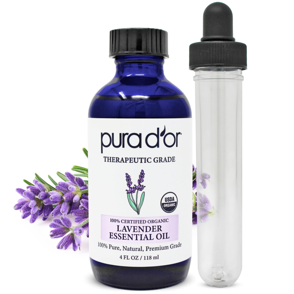 PURA D'OR Organic Lavender Essential Oil (4oz with Glass Dropper) 100% Pure & Natural Therapeutic Grade for Hair Body Skin Aromatherapy Diffus
