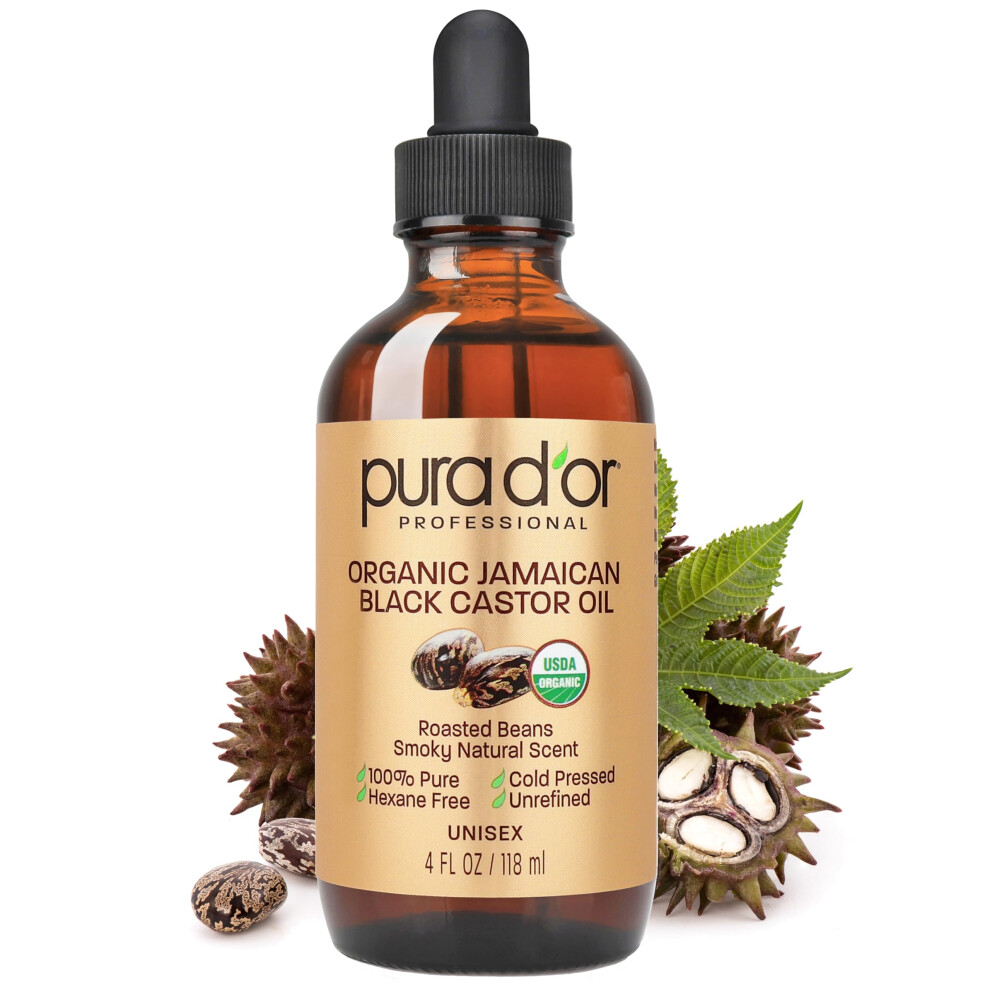 Pura D'or Black 4 Oz Organic Jamaican Castor Oil - Natural Smoky Scent - 100% Pure Usda Certified Cold Pressed Hexane Free Eyelash & Eyebrow Ser