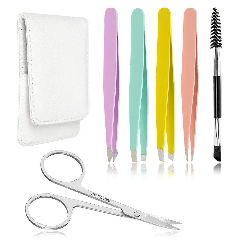 Aktrol Precision Eyebrow Tweezers Set Pack Of 6 For Women Ingrown Facial Hair Removal Pointed Tweezers Scissors Brush Kit For Splinter With Leather Case