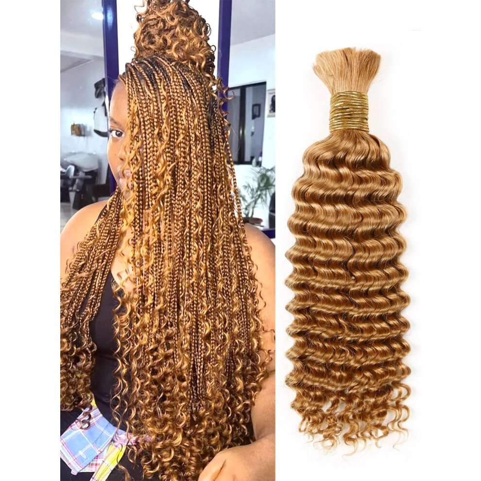 Clong Human Braiding Hair Deep Wave Bulk Human Hair For Braiding,Light #30 Honey Blonde No Weft Curly Braiding Hair Extensions For Boho Braids Wet And Wavy