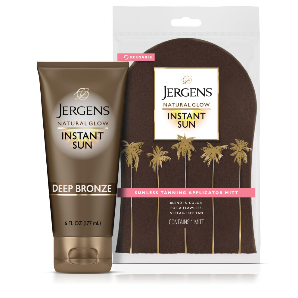 Jergens Natural Glow Instant Sun Bundle: Deep Bronze Sunless Tanning Moisturizer + Bronzing Lotion 6oz Bottle and Applicator Mitt
