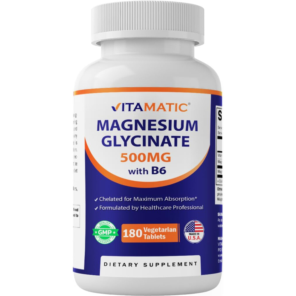Vitamatique Vitamatic Magnesium Glycinate 500Mg Per Tablet - 180 Vegetarian Tablets (Uncoated) - Added B6 For Maximum Absorption - Supports Muscle Joint An