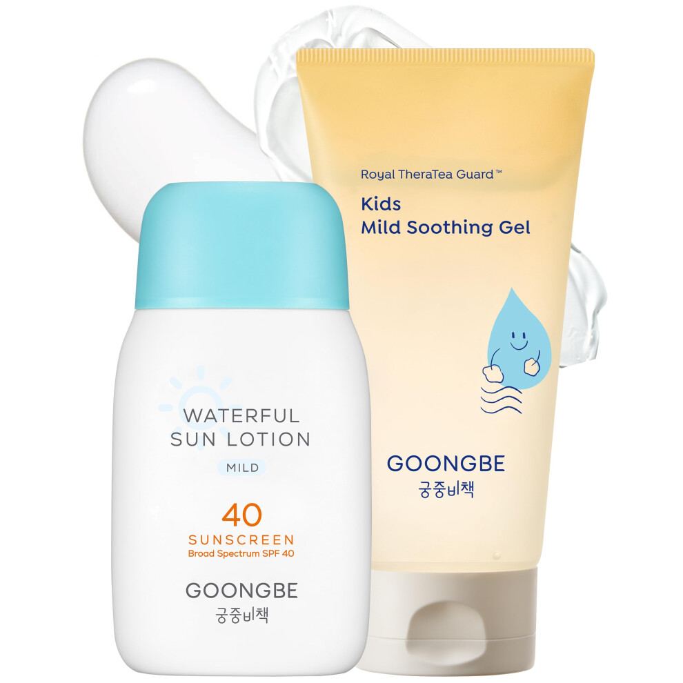 Goongbe Baby Kids Waterful Sun Lotion Spf 40 & Mild Soothing Gel - Zinc Oxide Mineral Sunscreen & After Sun Relief - Korean Skincare For Sensitiv