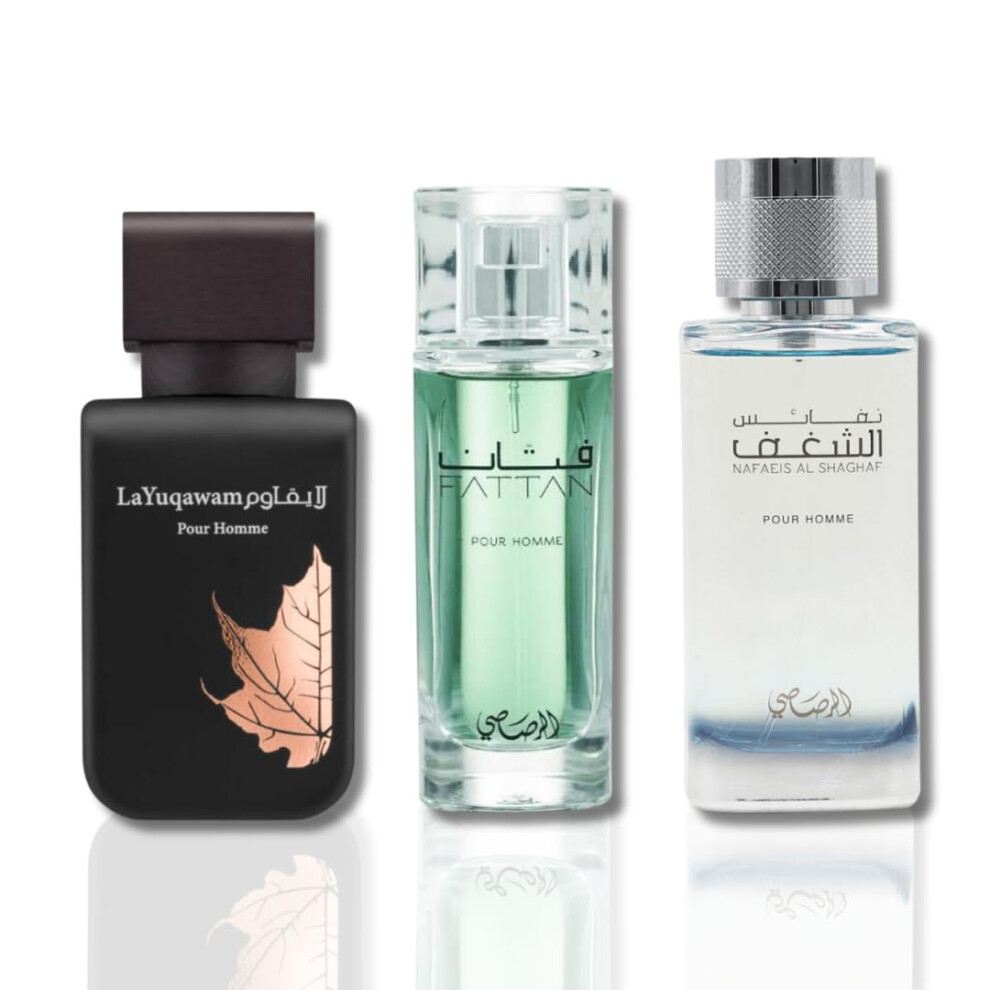 RASASI 3-Piece Set for Men  (3.4 Oz Nafaeis Al Shaghaf + 2.5 Oz Yuqawam + 1.7 Oz Fattan)-image-OPC-PHXRZJY-NEW