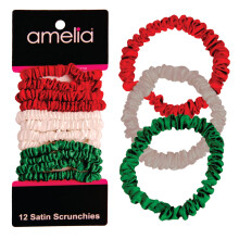 Amelia Beauty Red White and Green Mix Skinny Satin Scrunchies 12 Pack - 2 tuuman halkaisija hellvarainen ja vahva pito, rypistymttmt, rypistymtt