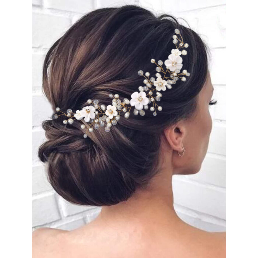 Heread Flower Bride Wedding Hair Vine Pearl Bridal Headband Rhinestones Hair Breath Accessories For Women And Girls (B Gold)