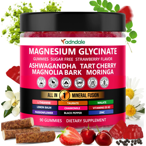 Adndale 90ct 15-in-1 Μάγνησιο Γλυκινάτη Gummies 400 mg/μερίδα - με Μάγνησιο Μαλάτη, Ασβαγκάντα