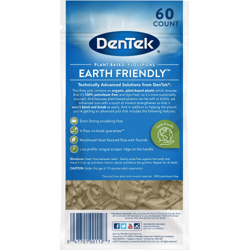 DenTek Earth Friendly Floss Picks Organic Plant-based Bio-Plastic Hndtag Mint 60 Count 1