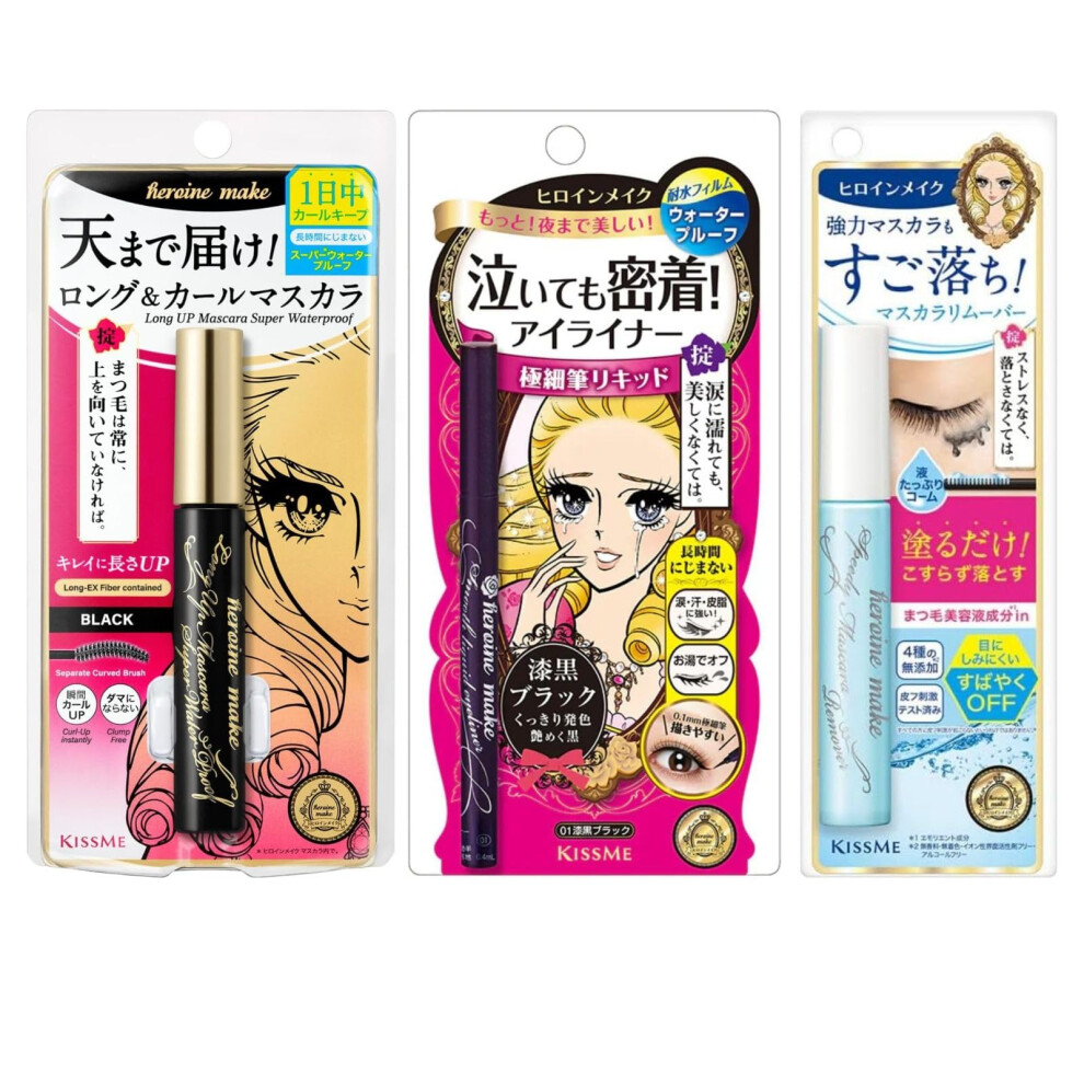 Heroine Make By Kissme Trio Set 3 Full-Size Waterproof Lengthening & Volume Fibertubing Black Mascara + Smooth Liquid Black Eyeliner Smudge-Fr