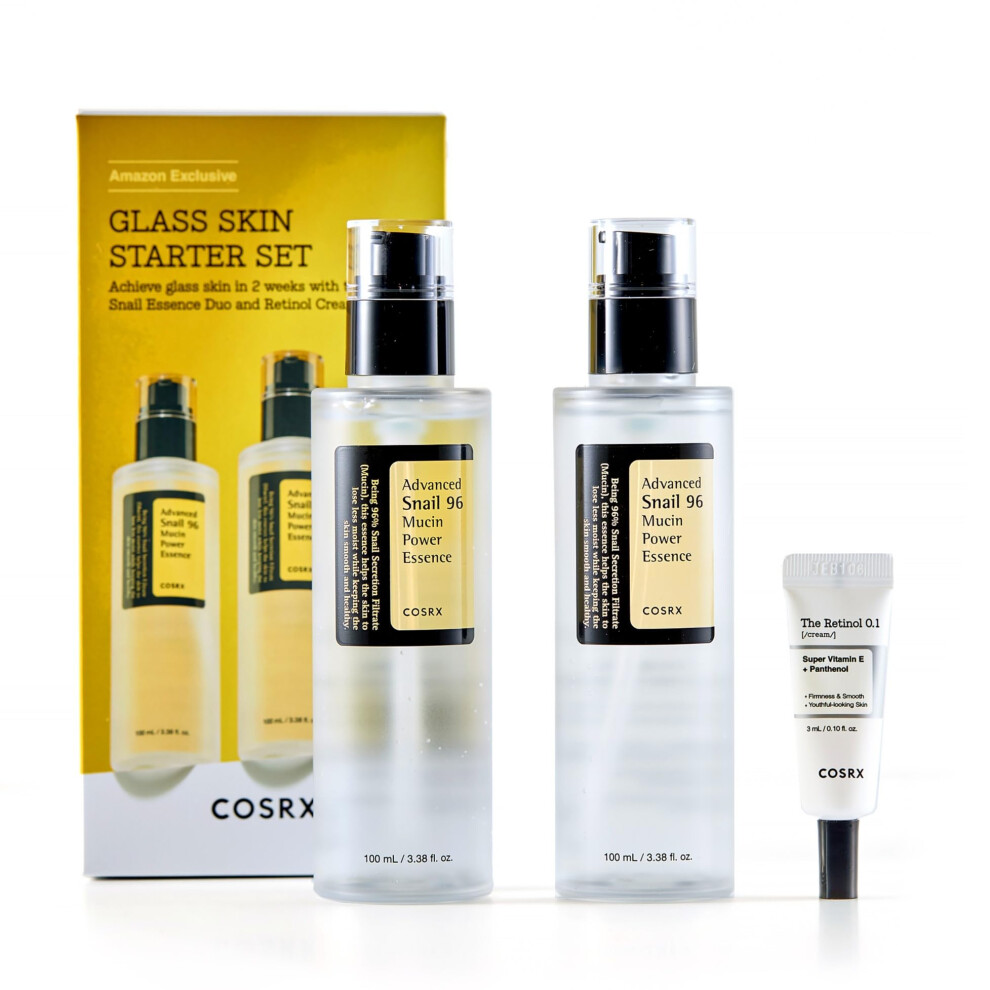 COSRX Glass Skin Starter Set  Amazon Exclusive  Advanced Snail 96% Mucin Power Essence & Retinol 0.1% Cream Mini Sample  Daily Hydrating & Firmin