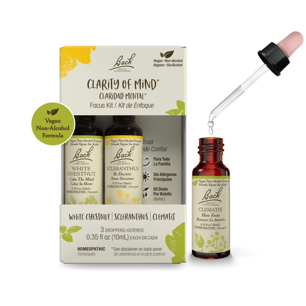 Bachblï¿½Ten-Heilmittel Bach Original Flower Remedies Clarity Of Mind Trio Kit For Focus & Mindfulness (Non-Alcohol Formula) Natural Homeopathic Flower Essence Vegan