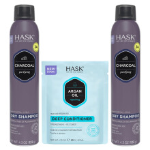 HASK Charcoal Clarifying Dry Shampoo Duo (4,3 oz-Qty 2) & Argan Oil Repairing Deep Conditioner Packette Aluminiumvrij Sulfaatvrij Parabenenvrij K