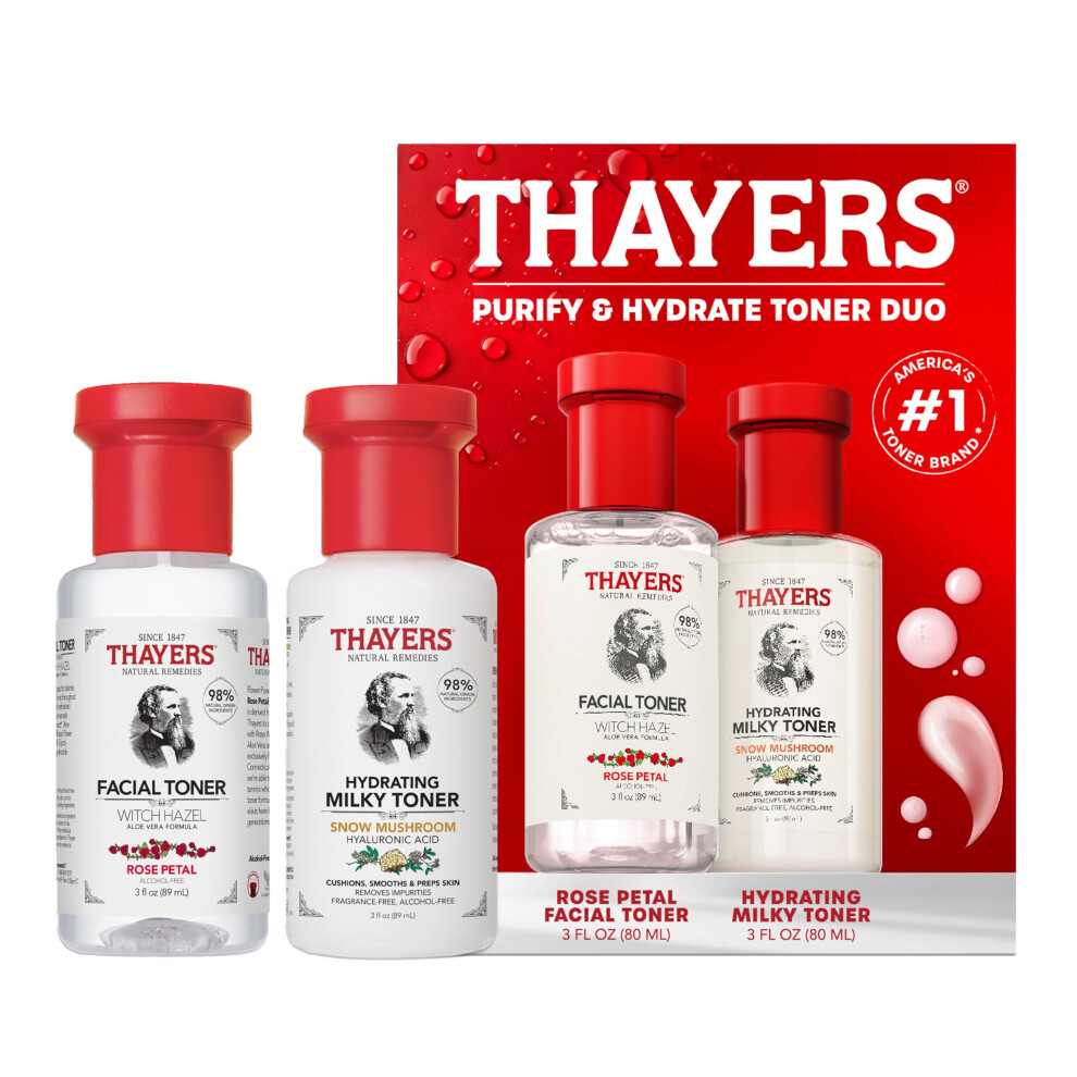 Thayers Purify & Hydrate Skin Care Set Includes Rose Petal Facial Toner to Reduce Pores and Hydrating Milky Toner for 48H Hydration 1 Skin Care