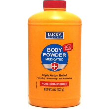 P corporal medicamentoso Lucky Super Soft 8 onas. Acalma a coceira, esfria a pele, absorve a umidade, seca, exsudao de hera venenosa, carval