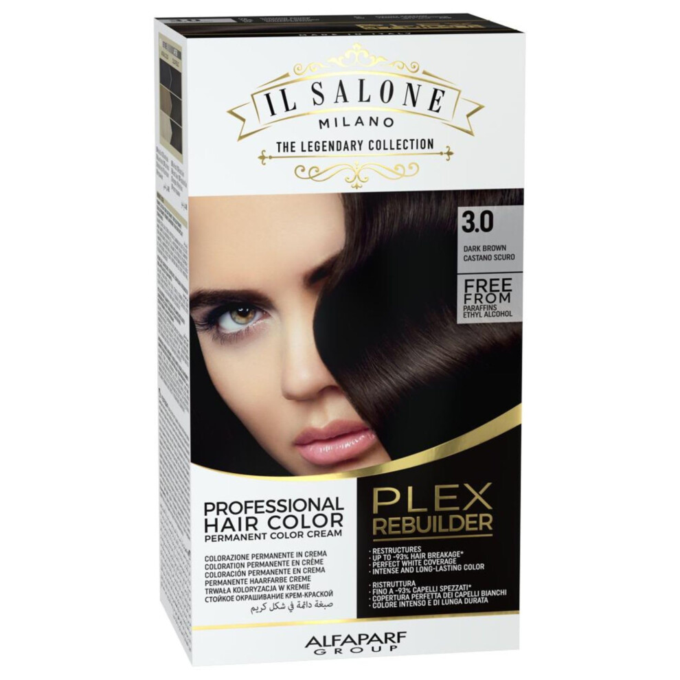 Il Salone Milano Plex Rebuilder Permanent Hair Color Cream - 3.0 Dark Brown Professional Hair Dye Kit For A Natural Gloss & Glaze - Paraffin Par