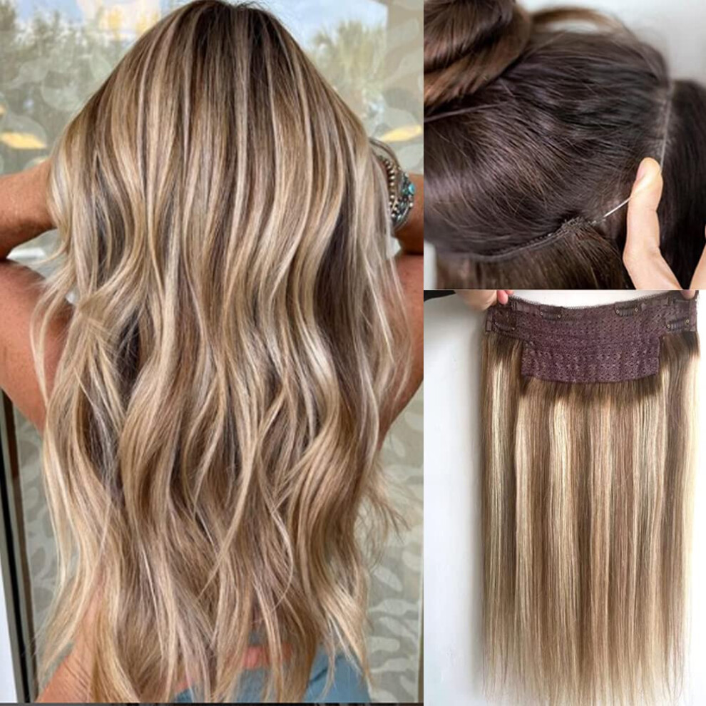 Sunfa Unisex Brown Balayage Invislble Human Hair Extensions Blonde Ombre Ash To Bleach Blonde Highlighted 16Inch 80G Straight Hairpiece Flip In Extensions Wi