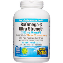 Natural Factors RxOmega-3 Ultra Strength Fiskolja med Vitamin D3 High Potency Formula 2 150 mg Ingen fiskig eftersmak 150 Softgels
