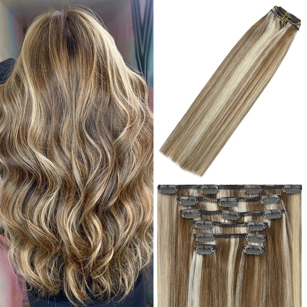 Windtouch Unisex Brown Clip In Hair Extensions Human Hair Balayage Medium Light To Blonde Hair Extensions 75G 22Inch #6P613 7Pcs