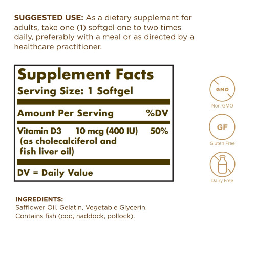 Solgar Solgar, Vitamin D3, 10 mcg (400 IE), 250 Softgels 1