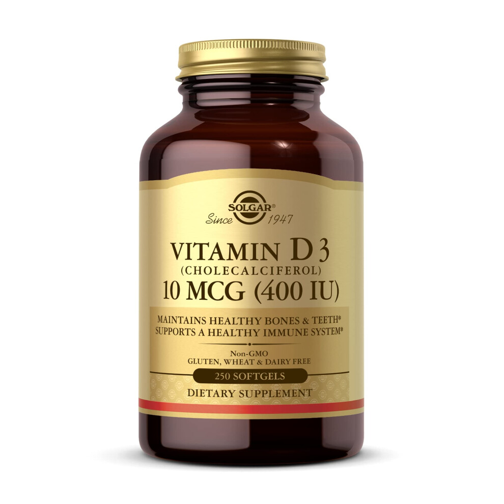 Solgar Vitamin D3 (Cholecalciferol) 10 Mcg (400 Iu) 250 Softgels - Helps Maintain Healthy Bones & Teeth - Immune System Support - Non-Gmo Glute