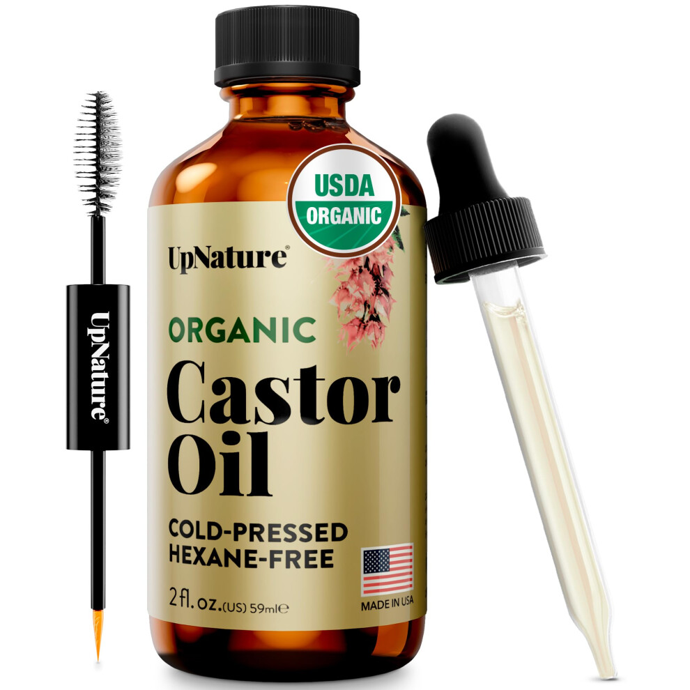 Upnature Organic Castor Oil (2 Oz) 100% Pure Cold Pressed Unrefined Castor Oil For Hair Growth Support - Eyebrow Eyelash Growth Serum (Hexane Fre