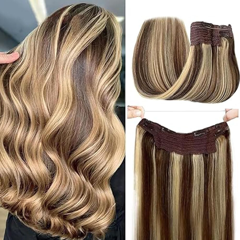 Sunfa Unisex Brown Blonde Wire Hair Extensions Wire Hair Extensions Fish Line Hair Extensions Ombre Balayage Chocolate To Bleach Blonde Highlighted 16Inch 8