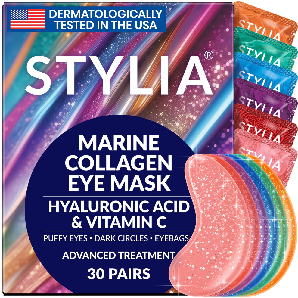 Stylia Dark Under Eye Patches For Circles And Puffy Eyes (30 Pairs) Marine Collagen Eye Mask For Puffiness With Vitamin C Hyaluronic Acid And Pearl E