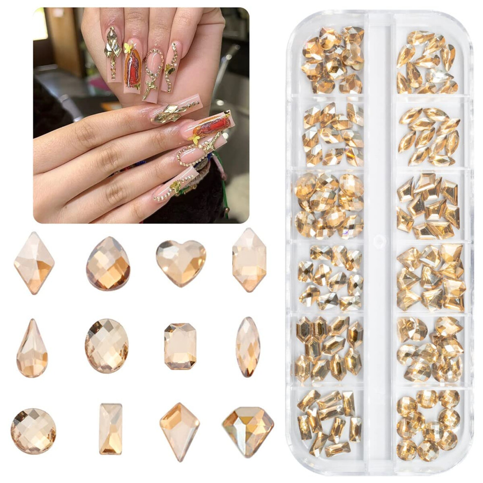 Qiipii Golden/Gold 120Pcs Nail Rhinestones Champagne 12 Shapes Big Gems Flatback Rhinestones K9 Glass Stones Nail Art Diamonds Crystals Jewels Nail Ch