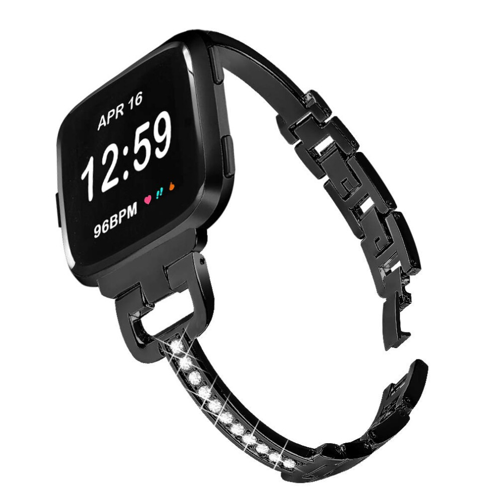 Metal Bands Compatible With Fitbit Versa 2/Versa Lite/Versa For Women, Bling Bracelet With Rhinestone Luxurious Wristbands, Silver Rose Gold Black Black,Silver,Gold 940534665095