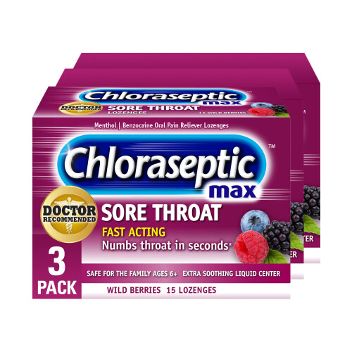 Chloraseptic Max Styrka Halssötsaker, Vildbär, 15 Stycken, 3 Pack
