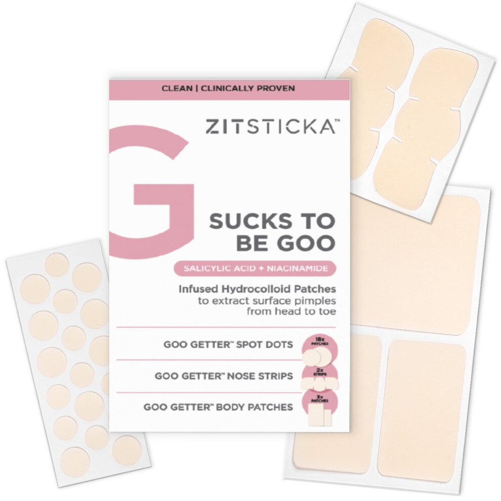 Zitsticka Sucks To Be Goo Hydrocolloid Pimple Patches | 18 Goo Getter Spot Dots 2 Nose Pore Strips 3 Body Patches | Acne Treatment With Salicyl