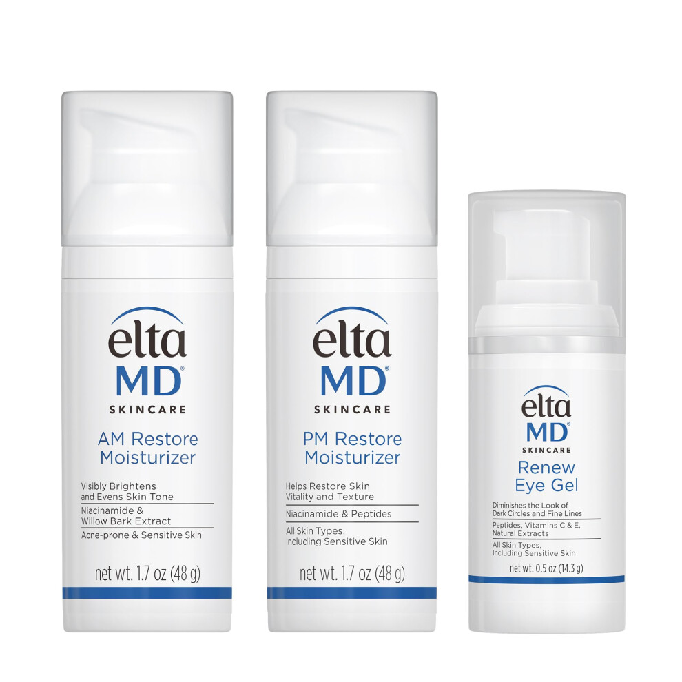 EltaMD Morning and Night Skin Care Kit AM Restore and PM Restore Facial Moisturizers Anti-Aging Renew Eye Gel